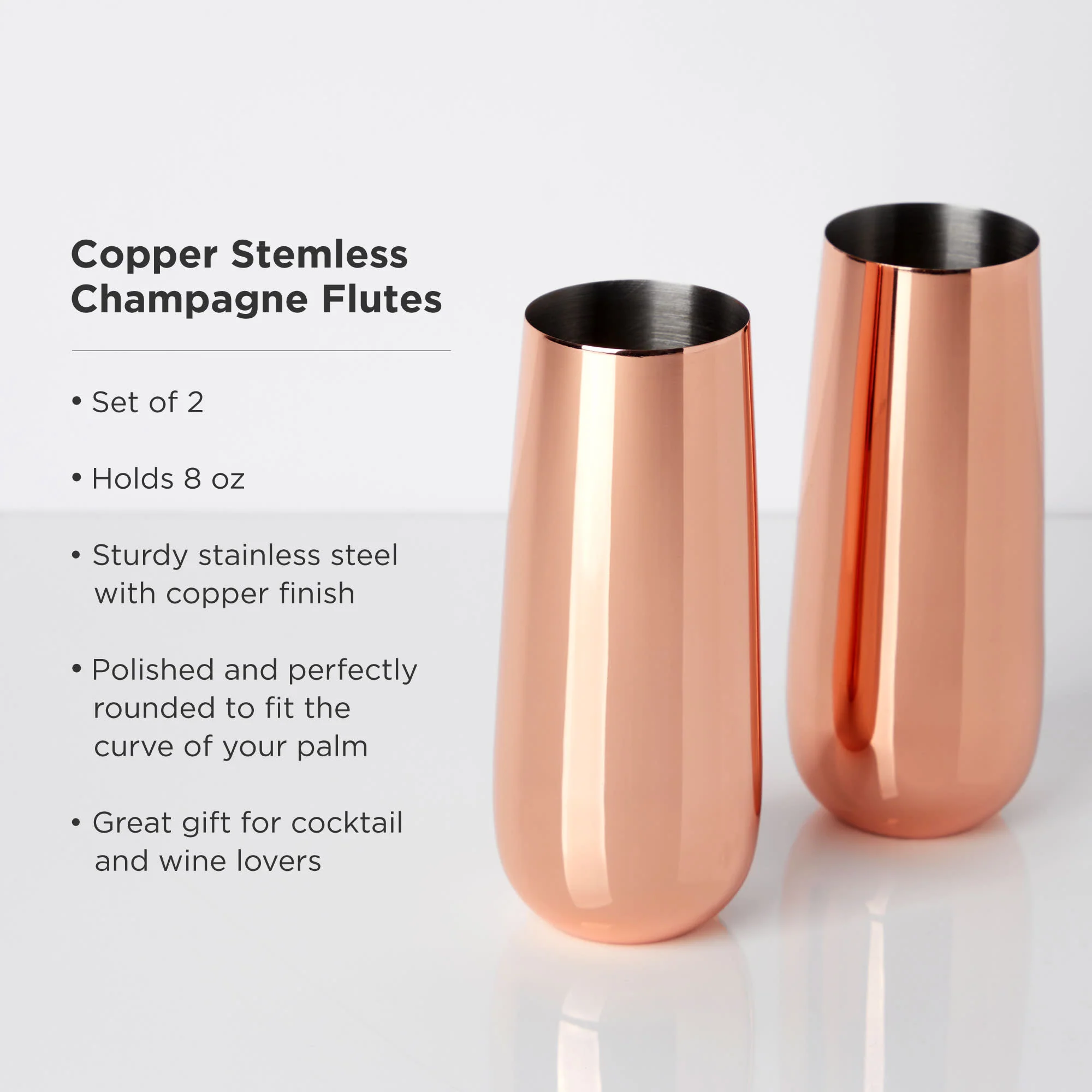 Stainless Steel Stemless Champagne Flutes in Copper Set of 2 - Image 3